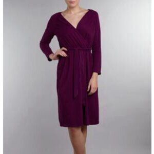 Lands End Plum Purple Knit Midi Long Sleeve Faux Wrap Dress Sz S 6-8